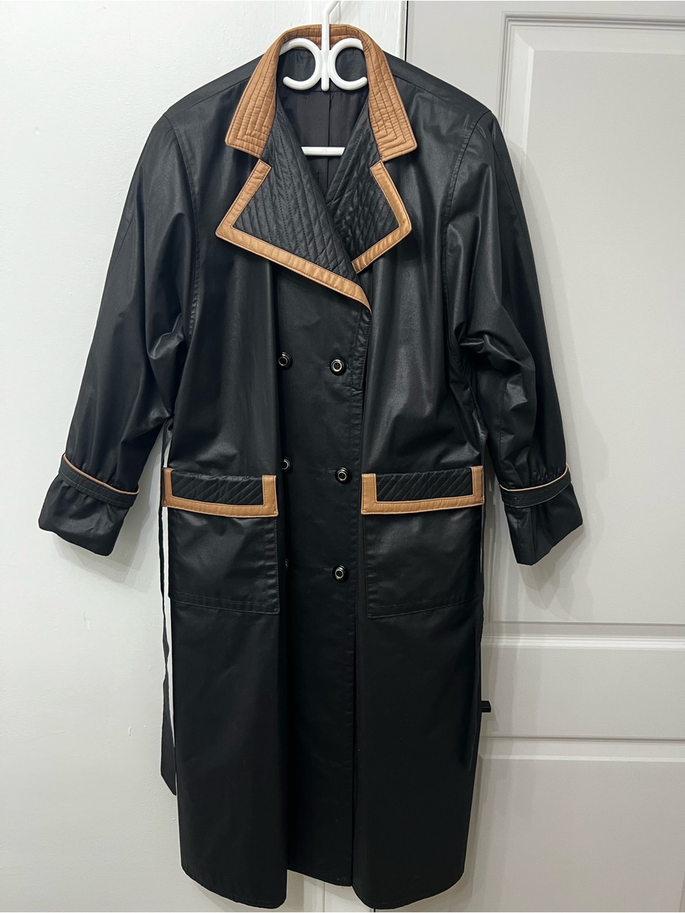 Black Belted Trench Coat with Tan Trim - Classic Double-Breasted Trench